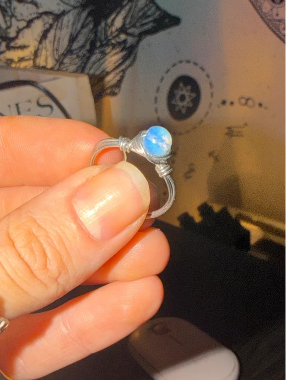 Blue Crystal Stone Silver Wire Ring Size 8